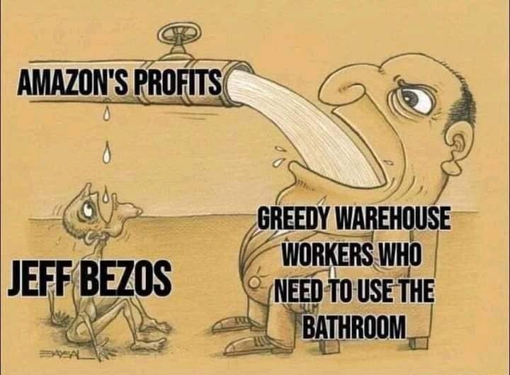 The meme is a humorous illustration of a person (Jeff Bezos) being squeezed through a tiny pipe by a giant hand labeled "Amazon's Profits". The text "Jeff Bezos" is written on the person, and the pipe is labeled "Amazon's Profits". The image is meant to be humorous and satirical, implying that Bezos is being squeezed out of his own company's profits.